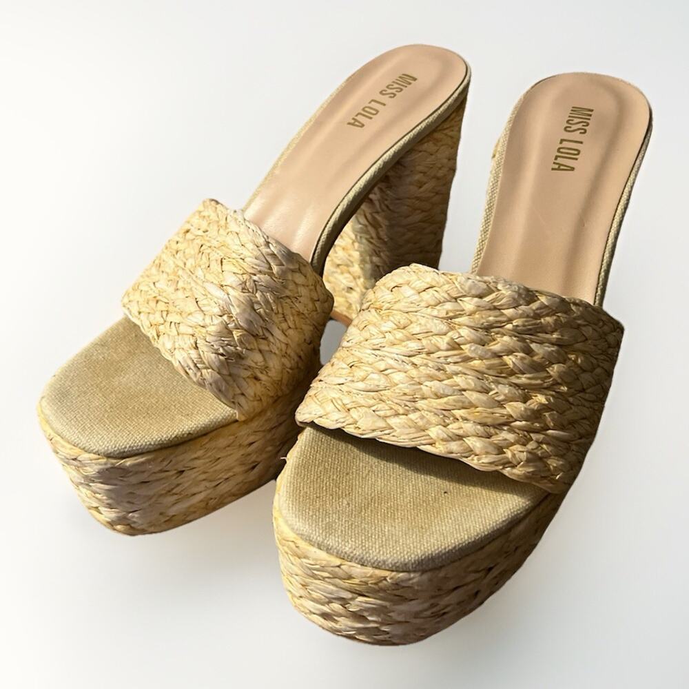 Miss Lola Raffia Platform Wedge Heels Espadrille Slip On Womens Sz 8